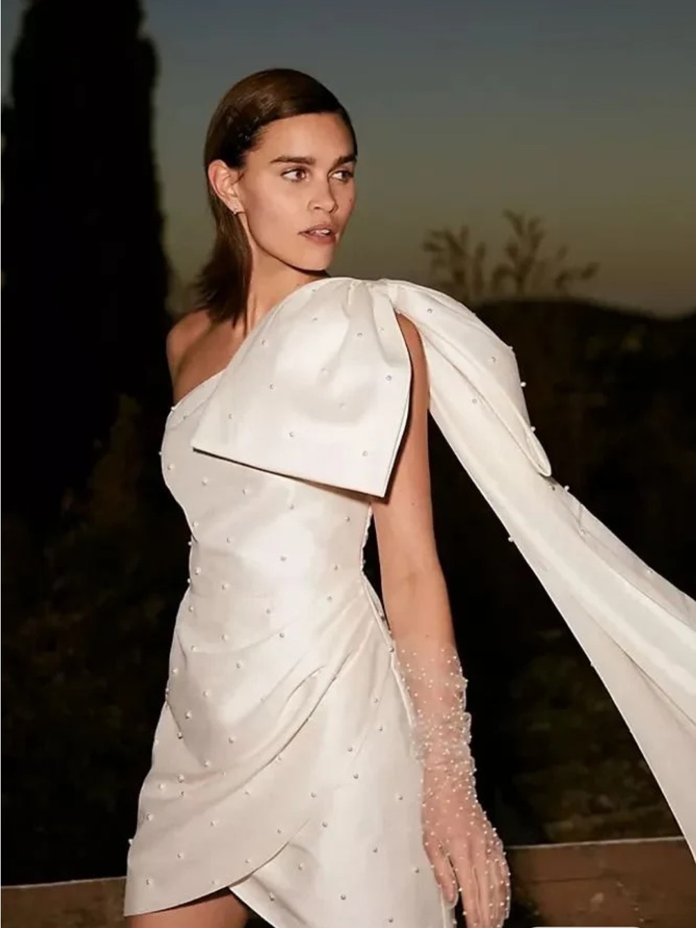 Sachin + Babi Ivory One-Shoulder Pearl-Embellished Mini Dress with Draped Bow